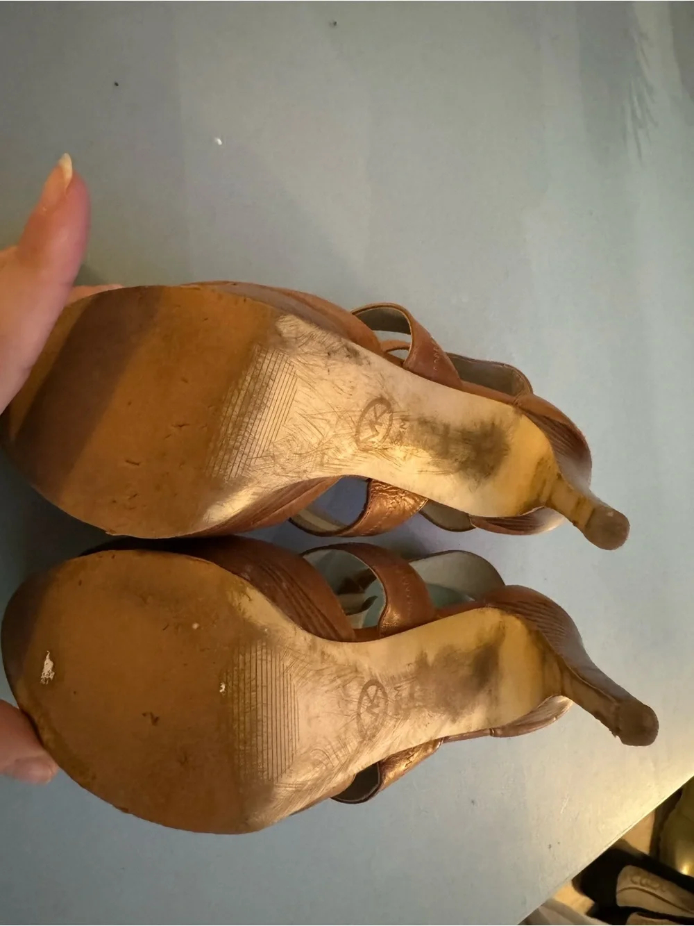 Michael Kors Women’s Tan Leather Platform Sandals with Gold Zip Accent Size 8.5